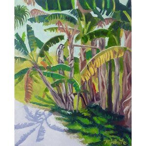 “Banana Trees“ Original oil painting on Cradled Wood Panel 8"w x 10"h x 2"d
